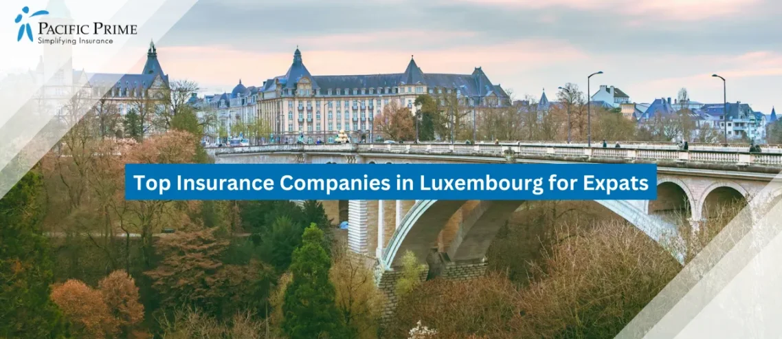 Image of Adolphe Bridge Landmark In Luxembourg City with text overlay of "Top Insurance Companies in Luxembourg for Expats"