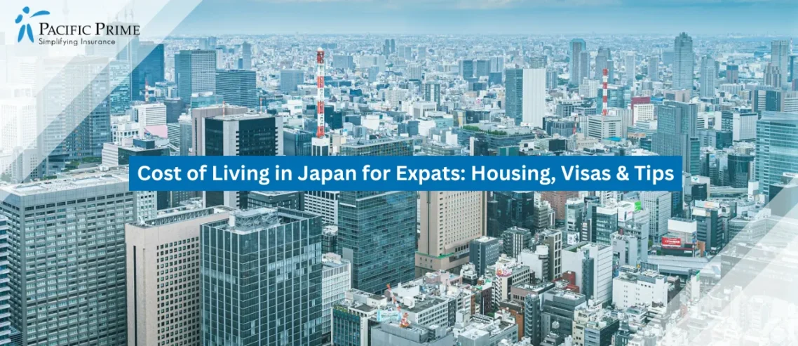 Image of Aerial Cityscape View From A Skyscraper In Tokyo, Japan with text overlay of "Cost of Living in Japan for Expats: Housing, Visas & Tips"