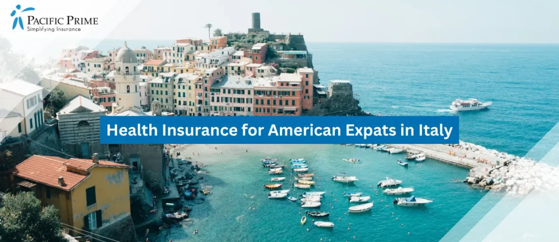 Image of Aerial View Of Colorful Seaside Buildings In Cinque Terre, Italy with text overlay of "Health Insurance for American Expats in Italy"