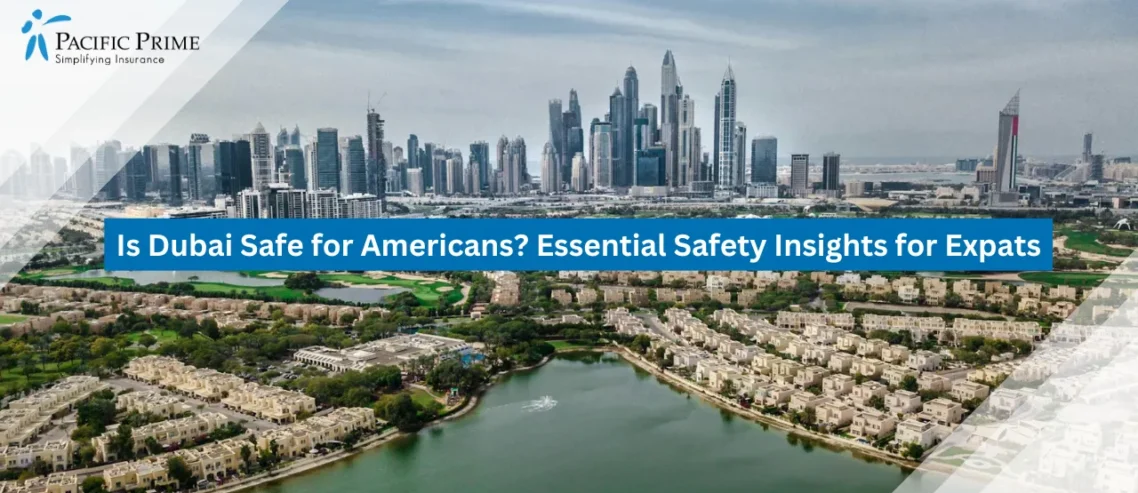 Image of Aerial View Of Dubai Skyline With Skyscrapers Near The Waterfront with text overlay of "Is Dubai Safe for Americans? Essential Safety Insights for Expats"