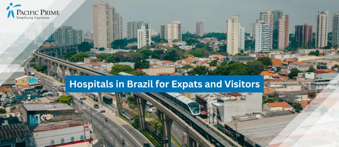 Image of Aerial View Of São Paulo With Train On Elevated City Tracks with text overlay of "Hospitals in Brazil for Expats and Visitors"
