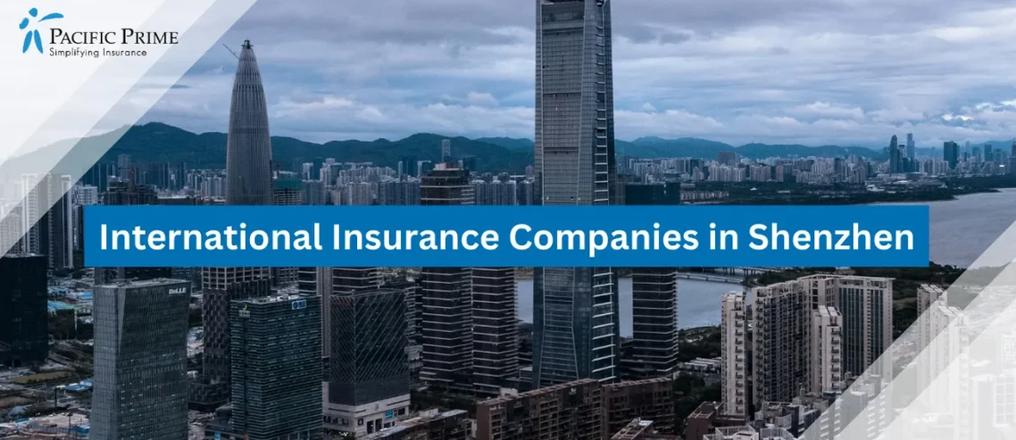 Image of Aerial View Of Shenzhen Cityscape During Daytime with text overlay of "International Insurance Companies in Shenzhen"
