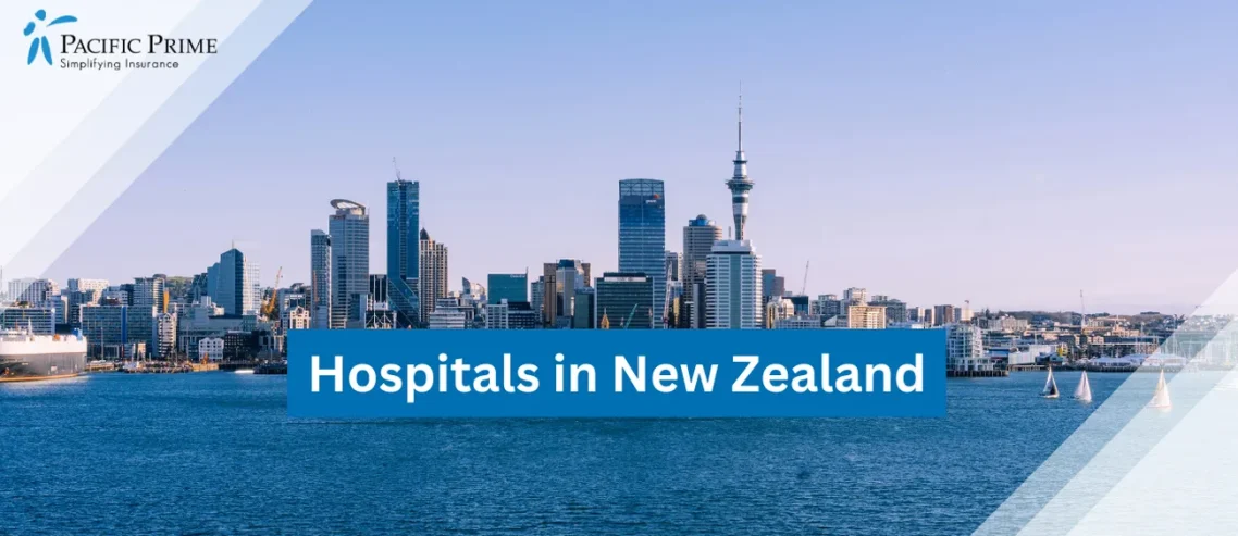 Image of Auckland City Skyline Across The Water During Daytime In New Zealand with text overlay of "Hospitals in New Zealand"