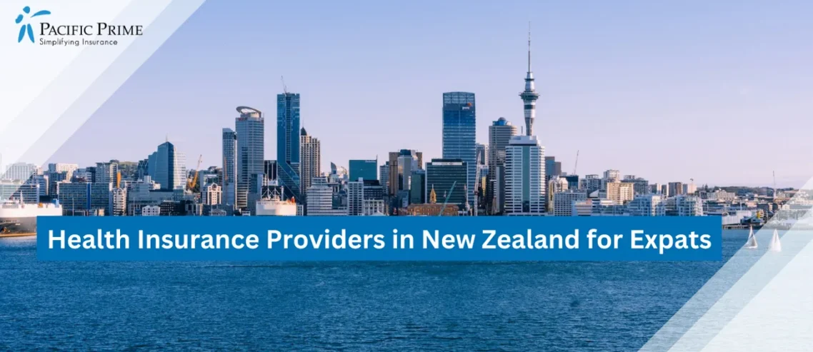Image of Auckland City Skyline Across Water On A Clear Daytime In New Zealand with text overlay of "Health Insurance Providers in New Zealand for Expats"