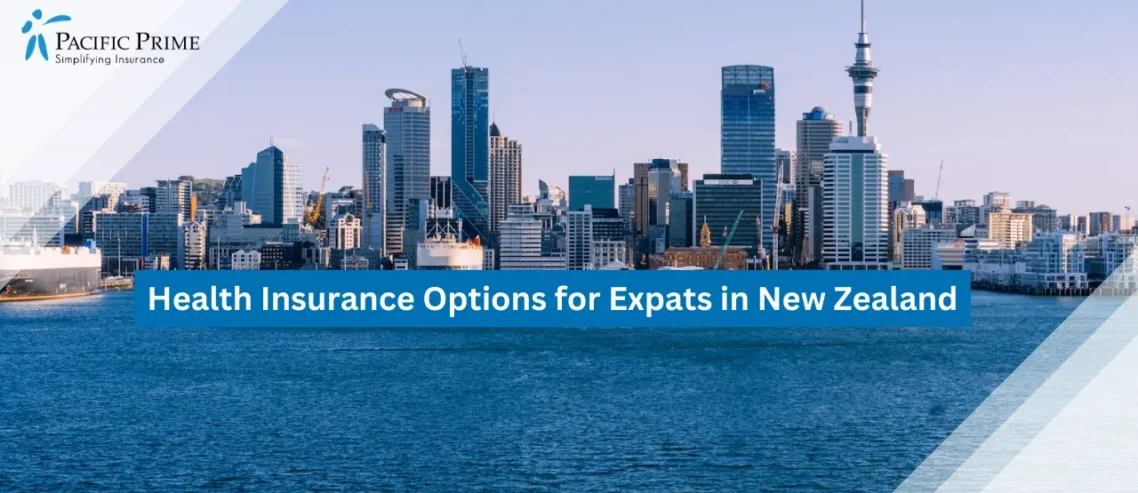 Image of Auckland City Skyline With Water View Under A Clear Daytime Sky with text overlay of "Health Insurance Options for Expats in New Zealand"
