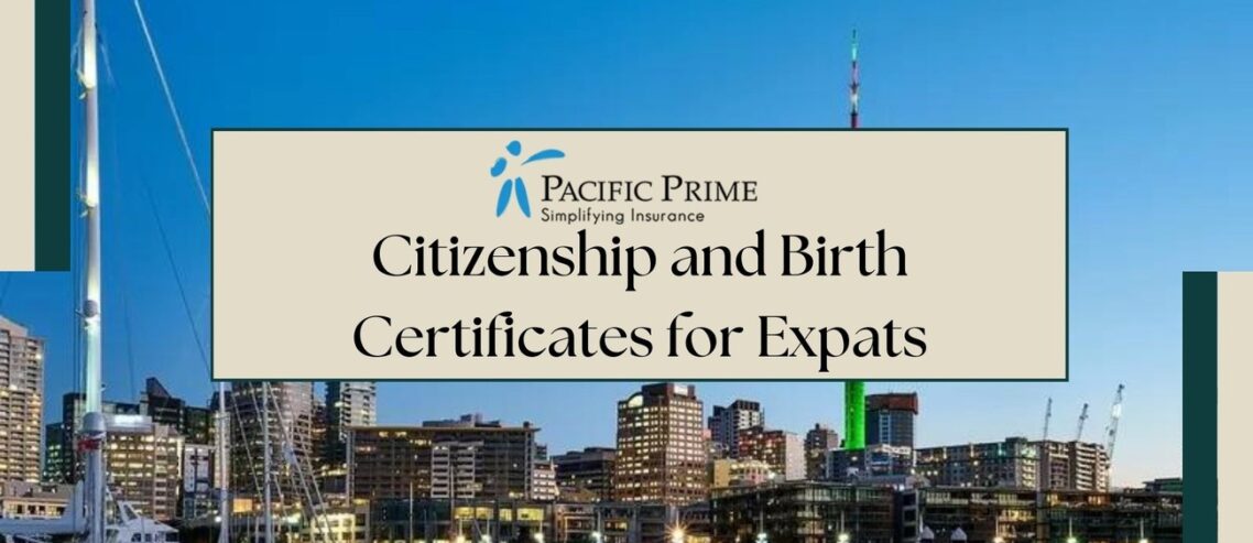 Image of Auckland Skyline New Zealand At Night with text overlay of "Citizenship and Birth Certificates for Expats"