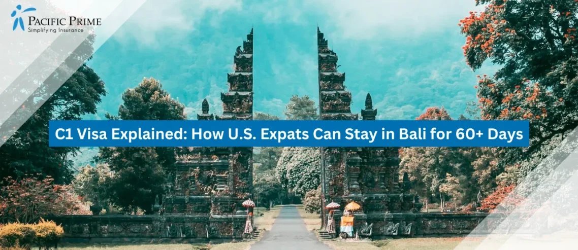 Image of Balinese Gate Surrounded By Tropical Greenery And Mountain Backdrop with text overlay of "C1 Visa Explained: How U.S. Expats Can Stay in Bali for 60+ Days"