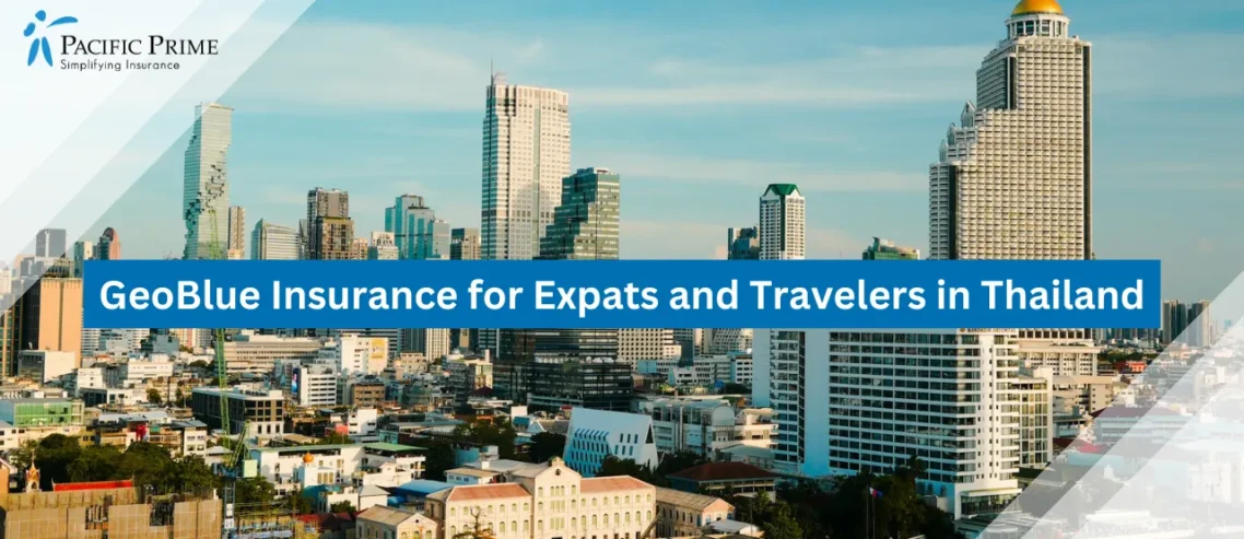 Image of Bangkok Skyline With Riverboats And Historic Landmarks At Sunset with text overlay of "GeoBlue Insurance for Expats and Travelers in Thailand"