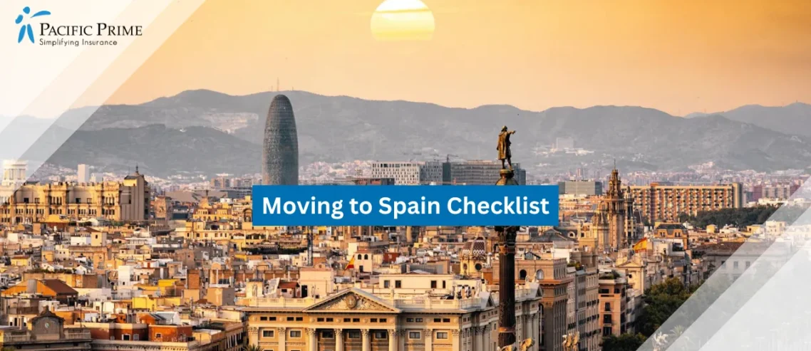 Image of Barcelona Skyline Glowing Under Golden Hour Sunset Light with text overlay of "Moving to Spain Checklist"