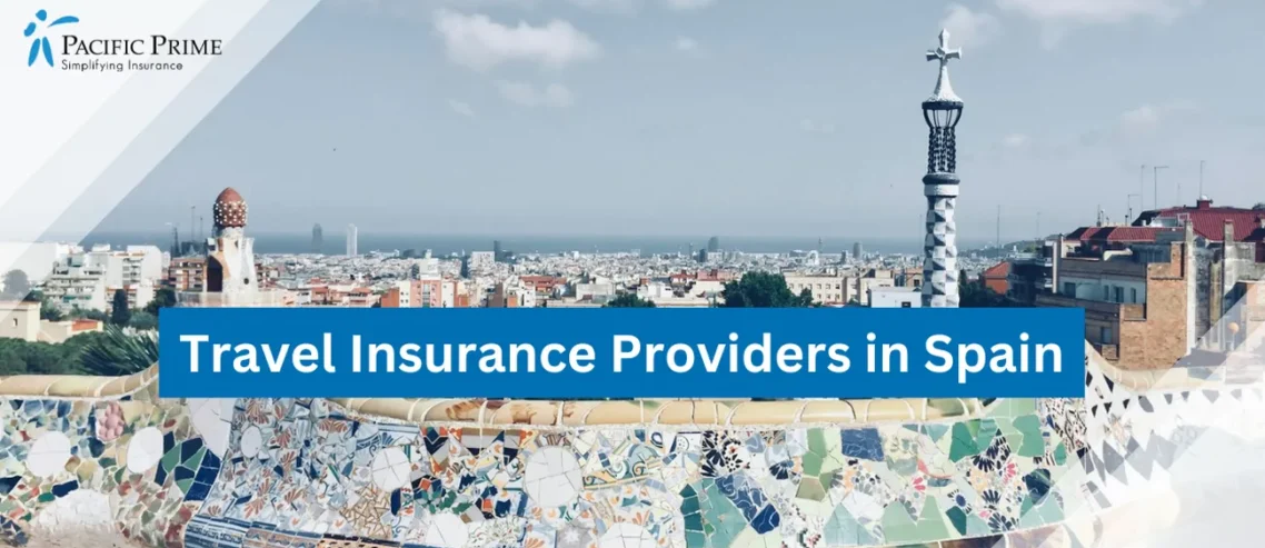 Image of Barcelona Skyscraper View In Daylight, Capturing Urban Architecture with text overlay of "Travel Insurance Providers in Spain"