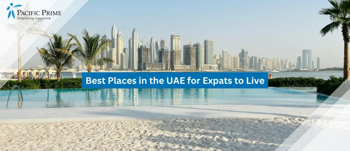 Image of Beachfront Pool With Dubai Skyline In The Background with text overlay of "Best Places in the UAE for Expats to Live"