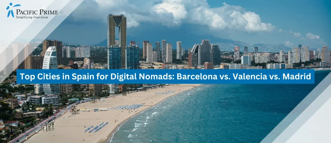 Image of Benidorm Beach With City Skyline In The Background with text overlay of "Top Cities in Spain for Digital Nomads: Barcelona vs. Valencia vs. Madrid"