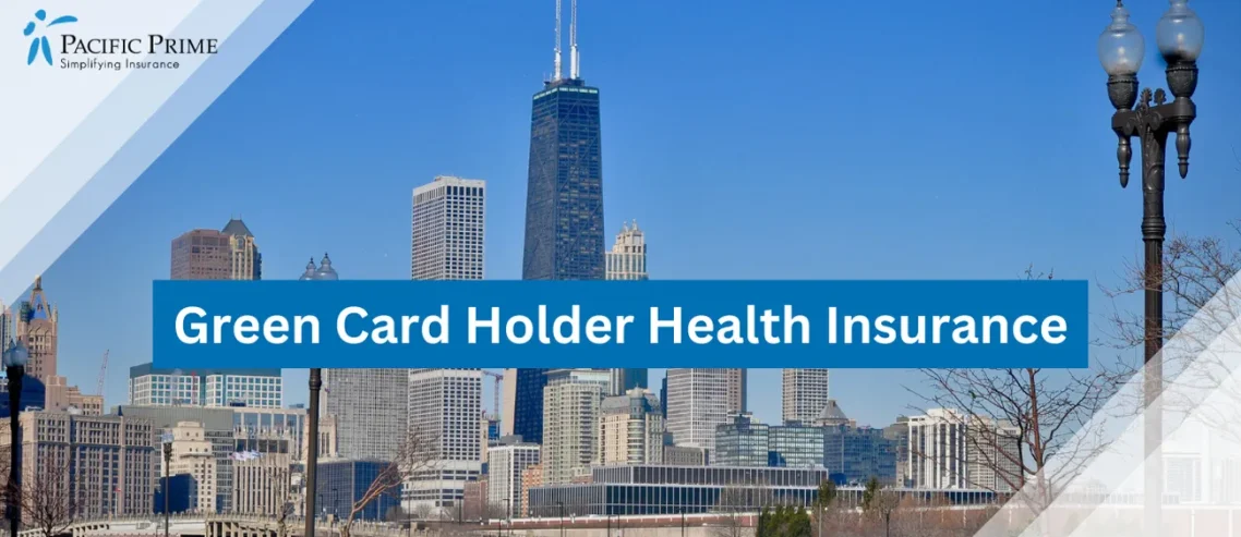 Image of Black Post Lamp By Water With Chicago Skyline View From Navy Pier with text overlay of "Green Card Holder Health Insurance"