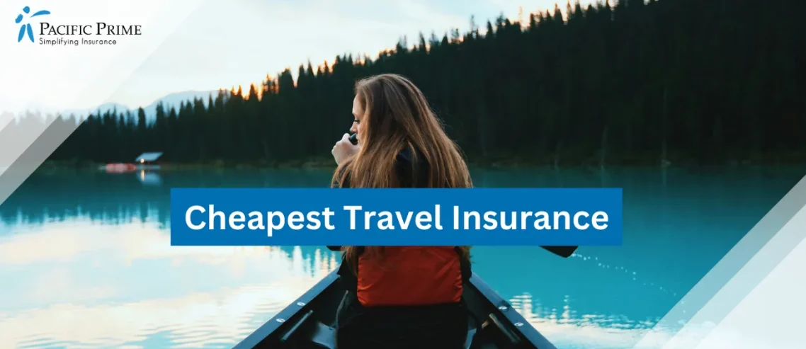 Image of Blonde Woman On A Boat During Vacation with text overlay of "Cheapest Travel Insurance"