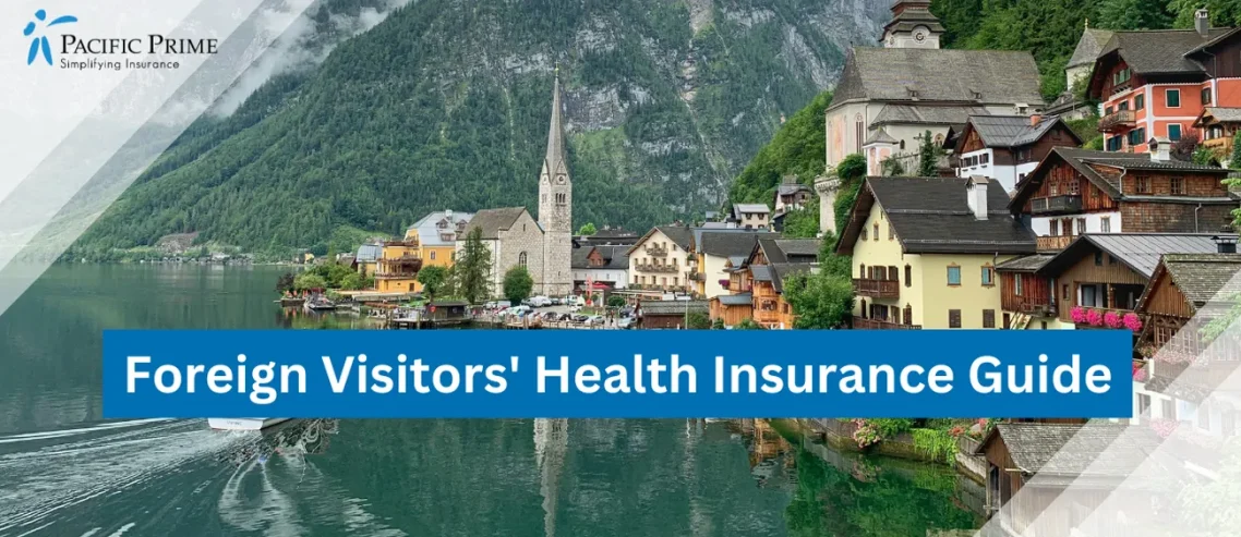 Image of Boat Approaching A Dock Near Hallstatt City With Scenic Mountain Backdrop with text overlay of "Foreign Visitors' Health Insurance Guide"