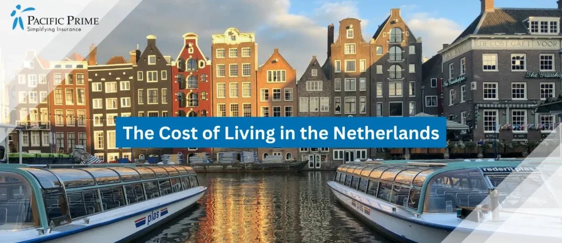 Image of Boat Cruising Along Amsterdam Canal With Buildings In The Background with text overlay of "The Cost of Living in the Netherlands"