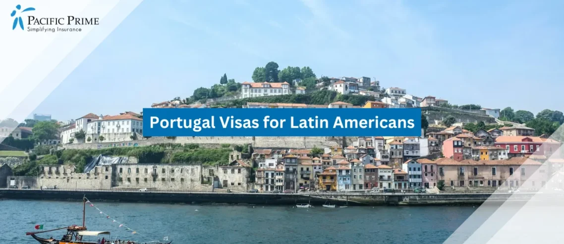 Image of Boat On River Near City Buildings In Vila Nova De Gaia, Portugal with text overlay of "Portugal Visas for Latin Americans"