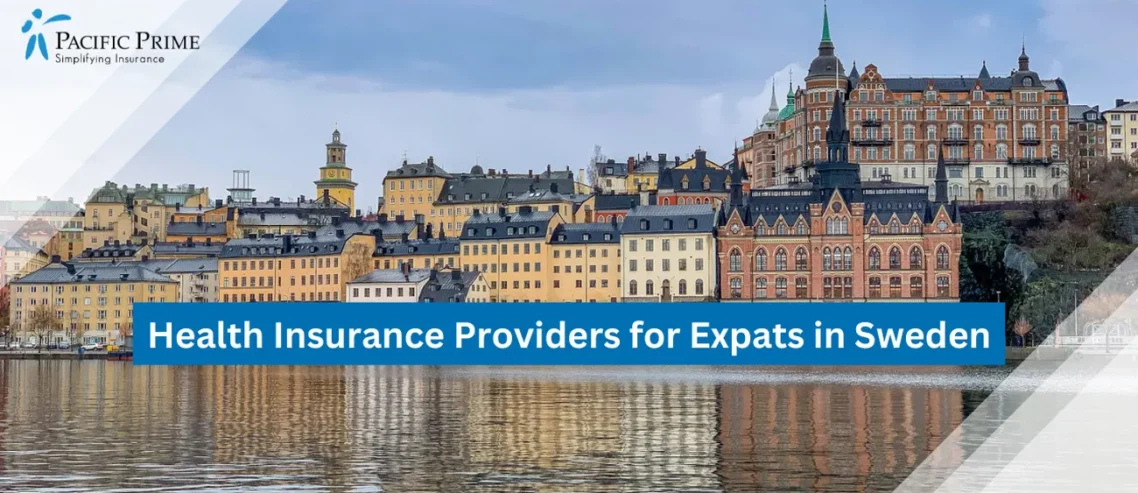 Image of Brown And White Concrete Building By Water In Gamla Stan, Stockholm, Sweden with text overlay of "Health Insurance Providers for Expats in Sweden"