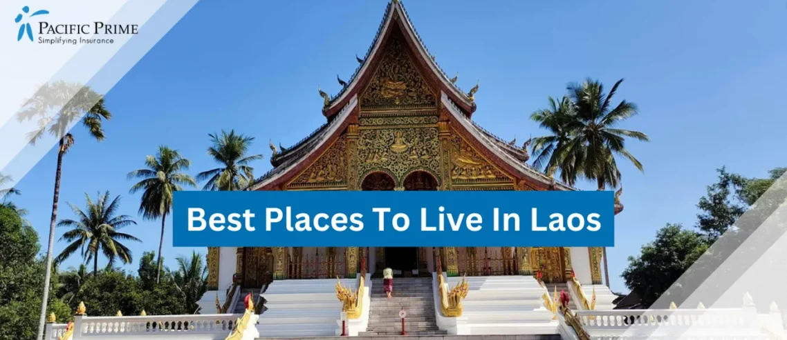Image of Brown And White Wat Xieng Thong Temple Under A Blue Sky In Luang Prabang, Laos with text overlay of "Best Places To Live In Laos"