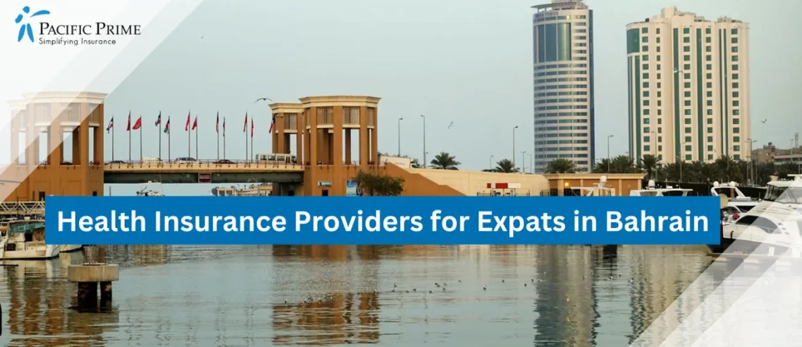 Image of Brown Concrete Bridge With Boats In Manama, Bahrain Skyline View with text overlay of "Health Insurance Providers for Expats in Bahrain"