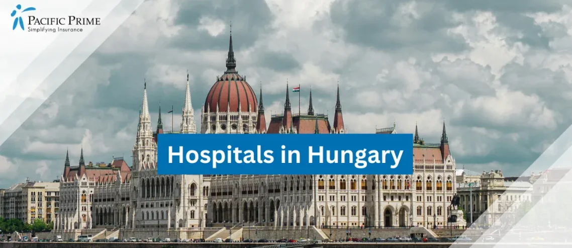 Image of Building By The Water Under A Cloudy Sky In Budapest, Hungary with text overlay of "Hospitals in Hungary"