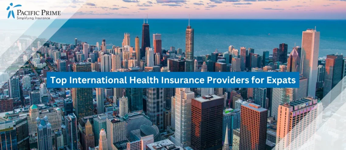Image of Chicago Waterfront Skyline From Willis Tower Skydeck with text overlay of "Top International Health Insurance Providers for Expats"