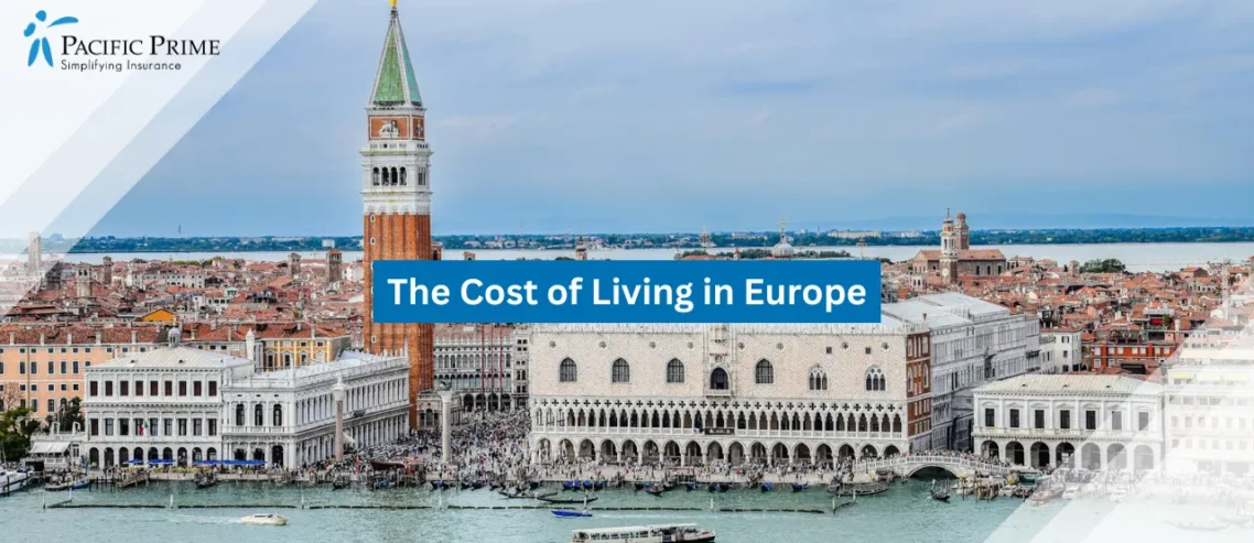 Image of Cityscape With Canals In Venice, Italy with text overlay of "The Cost of Living in Europe"