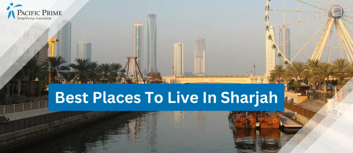 Image of Clear Sky Over Sharjah Canal With Ferris Wheel And Cityscape with text overlay of "Best Places To Live In Sharjah"