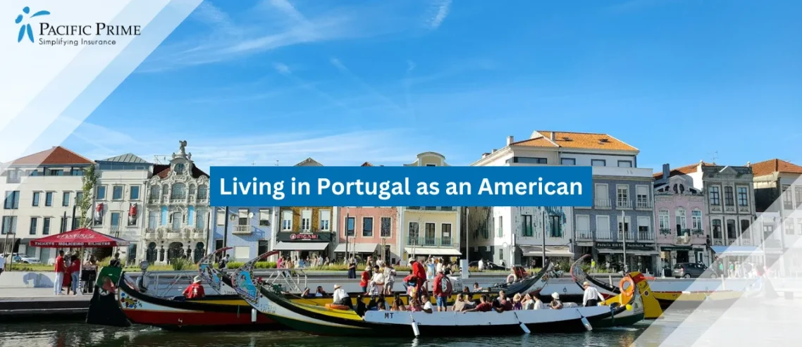 Image of Colorful Boats Floating On Calm Water In Aveiro, Portugal with text overlay of "Living in Portugal as an American"