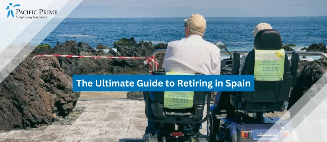 Image of Couple On Mobility Scooters Enjoying Seaside View In Puerto De La Cruz with text overlay of "The Ultimate Guide to Retiring in Spain"