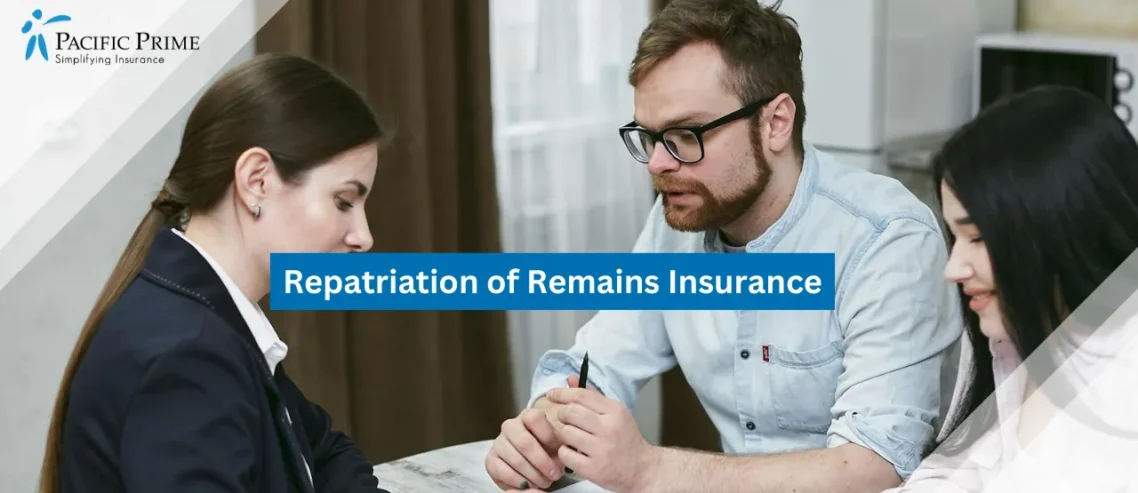 Image of Couple Reviewing Financial Plans With Advisor In A Professional Setting with text overlay of "Repatriation of Remains Insurance"