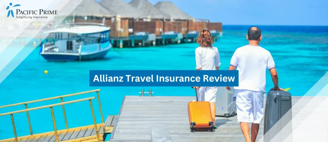 Image of Couple With Luggage Arriving At Luxury Dock Resort In The Maldives with text overlay of "Allianz Travel Insurance Review"
