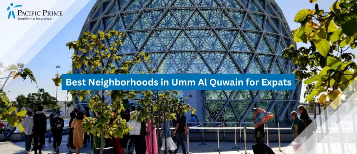 Image of Crowd Walking Near Sheikh Zayed Mosque In Umm Al Quwain with text overlay of "Best Neighborhoods in Umm Al Quwain for Expats"