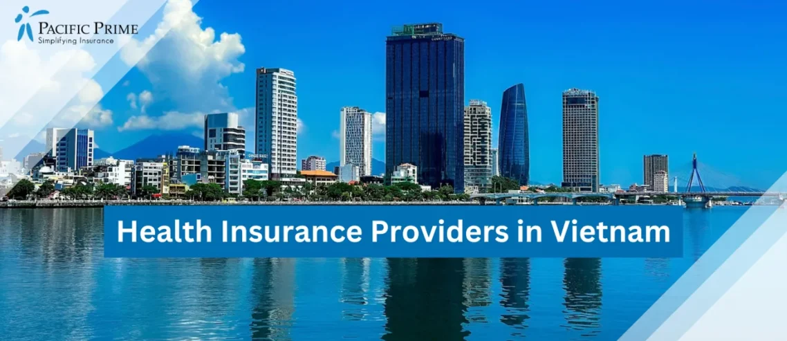 Image of Da Nang City Skyline With A Large Body Of Water In The Foreground with text overlay of "Health Insurance Providers in Vietnam"