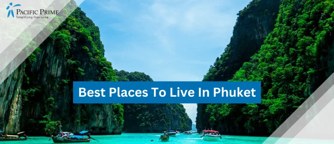 Image of Daytime Boats By Mountain At Serene Pileh Cove Near Phuket, Thailand with text overlay of "Best Places To Live In Phuket"