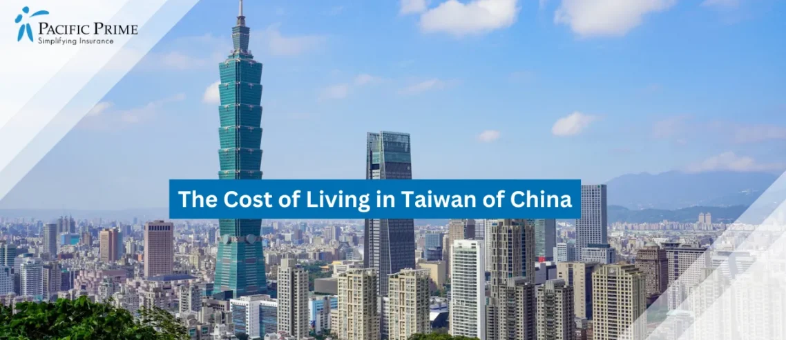 Image of Daytime Skyline View Of Taipei With Taipei 101 From Elephant Mountain with text overlay of "The Cost of Living in Taiwan of China"