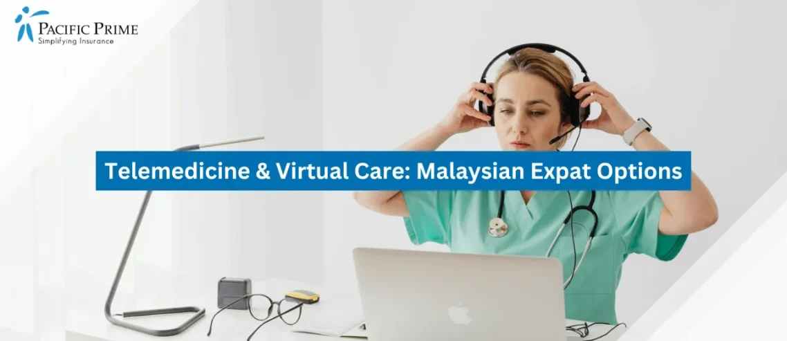 Image of Doctor In Scrubs Using Laptop And Headset For Telemedicine with text overlay of "Telemedicine & Virtual Care: Malaysian Expat Options"