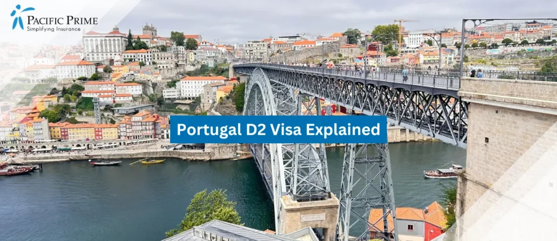 Image of Double-deck Metal Arch Bridge Over The River Douro In Porto, Portugal with text overlay of "Portugal D2 Visa Explained"