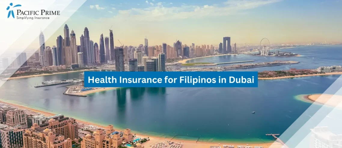 Image of Dubai Marina Skyline From Above with text overlay of "Health Insurance for Filipinos in Dubai"