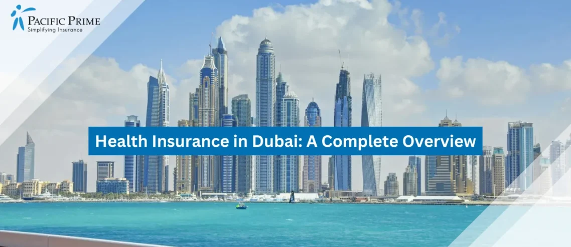 Image of Dubai Marina Skyline With Blue Waters And Towering Skyscrapers Under Clear Sky with text overlay of "Health Insurance in Dubai: A Complete Overview"