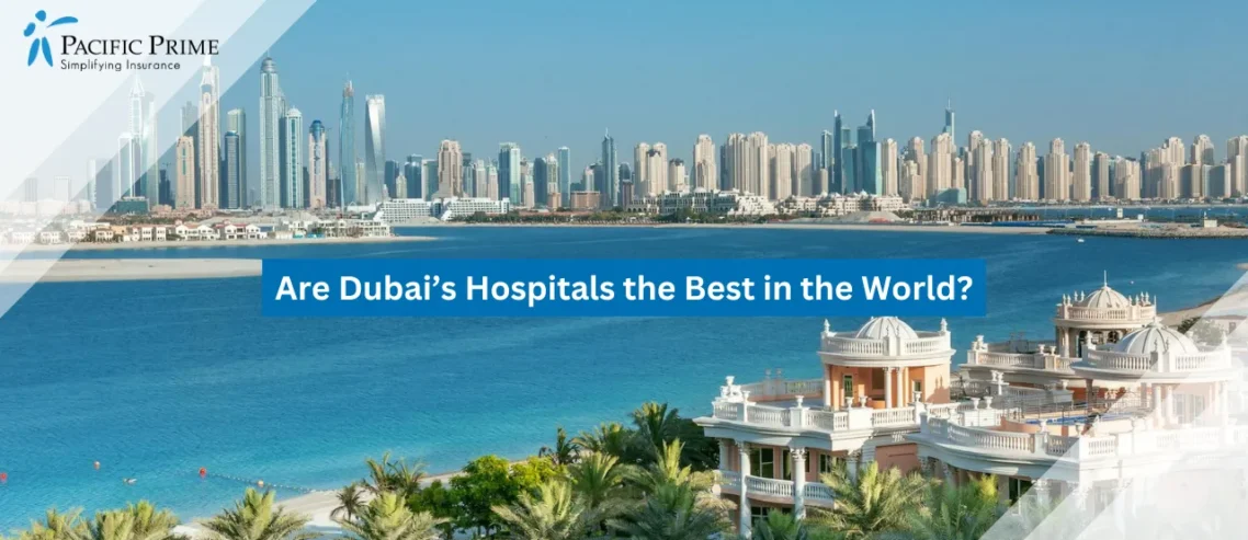 Image of Dubai Marina Skyline With Palm Jumeirah View with text overlay of "Are Dubai’s Hospitals the Best in the World?"