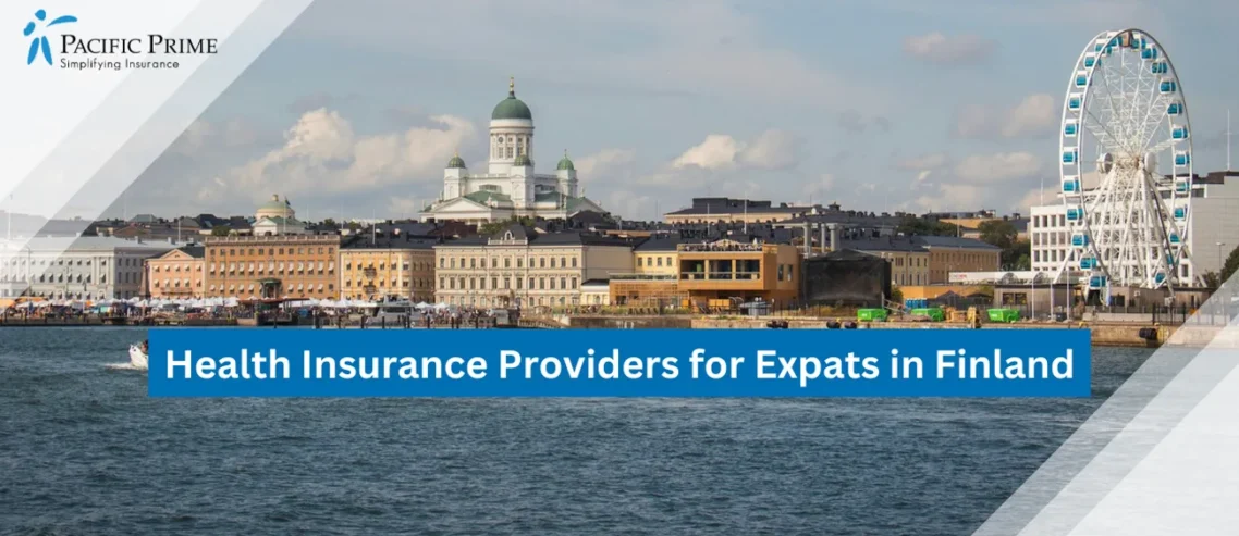 Image of Ferris Wheel And Buildings By The Water In Helsinki, Finland with text overlay of "Health Insurance Providers for Expats in Finland"