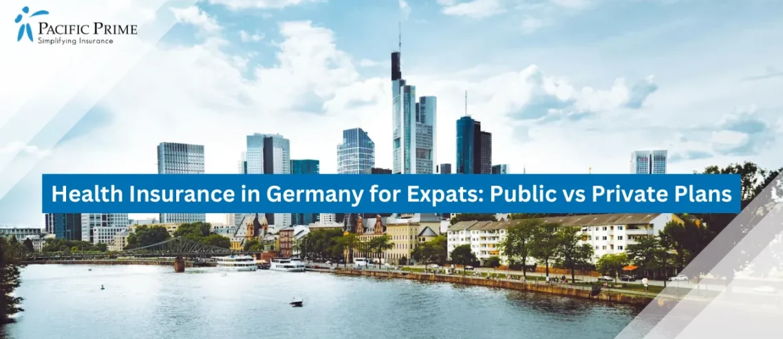 Image of Frankfurt Skyline With Skyscrapers Reflecting In The River On A Clear Day with text overlay of "Health Insurance in Germany for Expats: Public vs Private Plans"