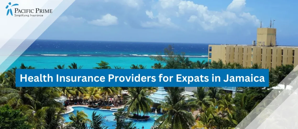 Image of Green Palm Trees By Water In Ocho Rios, Jamaica On A Sunny Day with text overlay of "Health Insurance Providers for Expats in Jamaica"