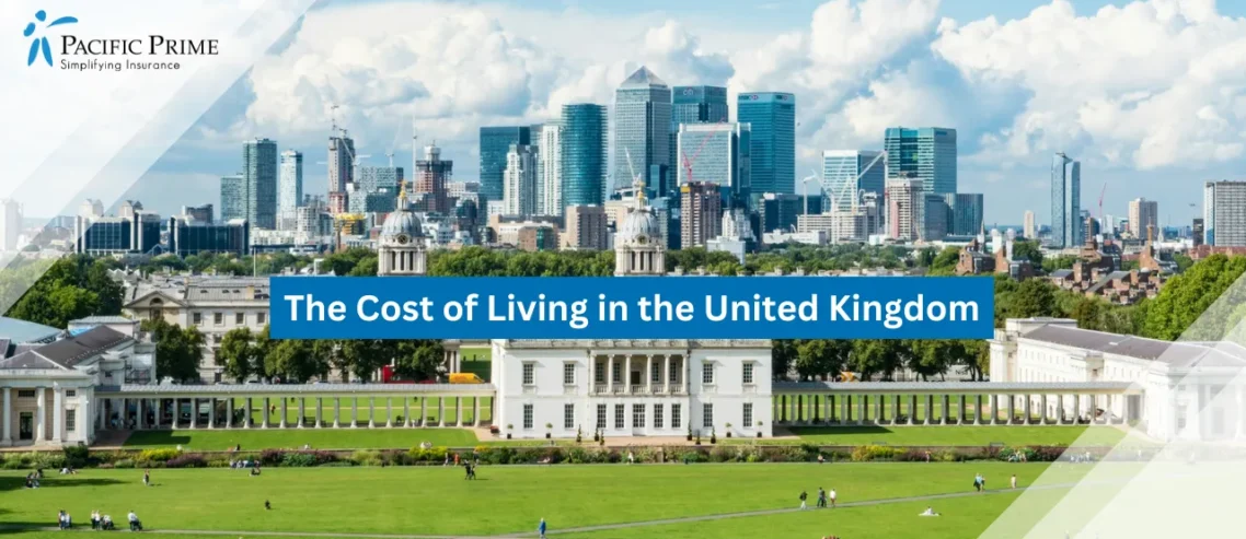 Image of Greenwich College With Docklands Skyline View From Greenwich Park, London with text overlay of "The Cost of Living in the United Kingdom"