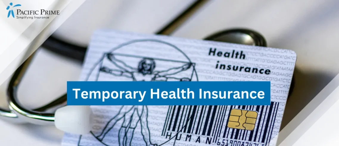Image of Health Card And Stethoscope Representing Healthcare Coverage Options with text overlay of "Temporary Health Insurance"