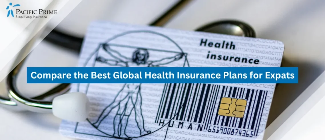 Image of Health Card Placed Beside A Stethoscope On A White Surface with text overlay of "Compare the Best Global Health Insurance Plans for Expats"