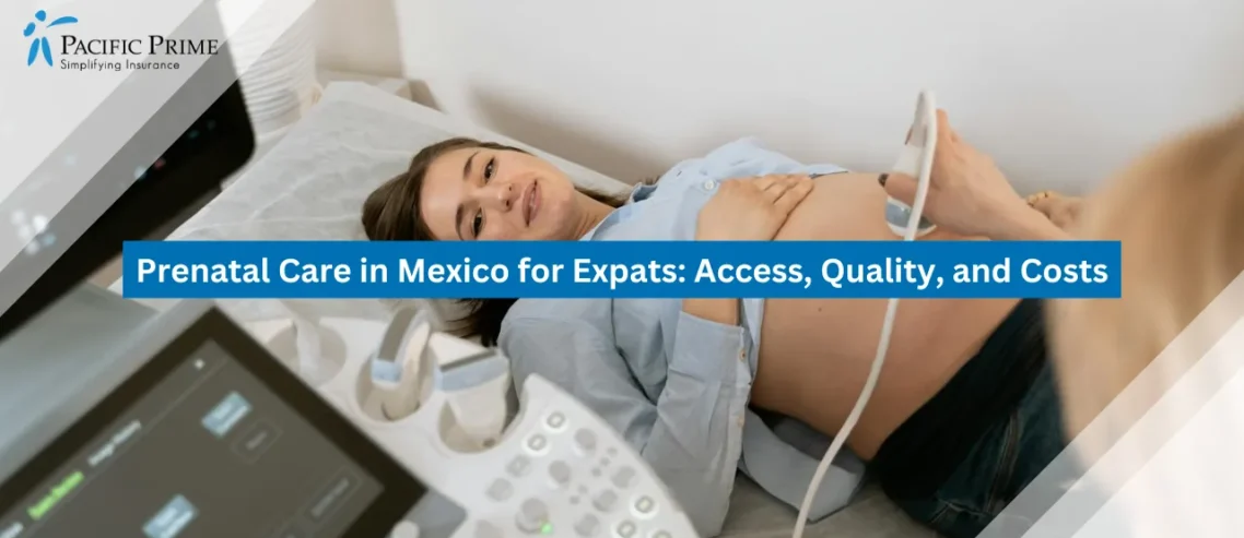Image of Healthcare Professional Performing Ultrasound Scan On Pregnant Woman In Clinic with text overlay of "Prenatal Care in Mexico for Expats: Access, Quality, and Costs"