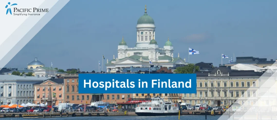 Image of Helsinki Cathedral Near The Water In Summer, South Harbour, Helsinki, Finland with text overlay of "Top Finland Hospitals for Expats"