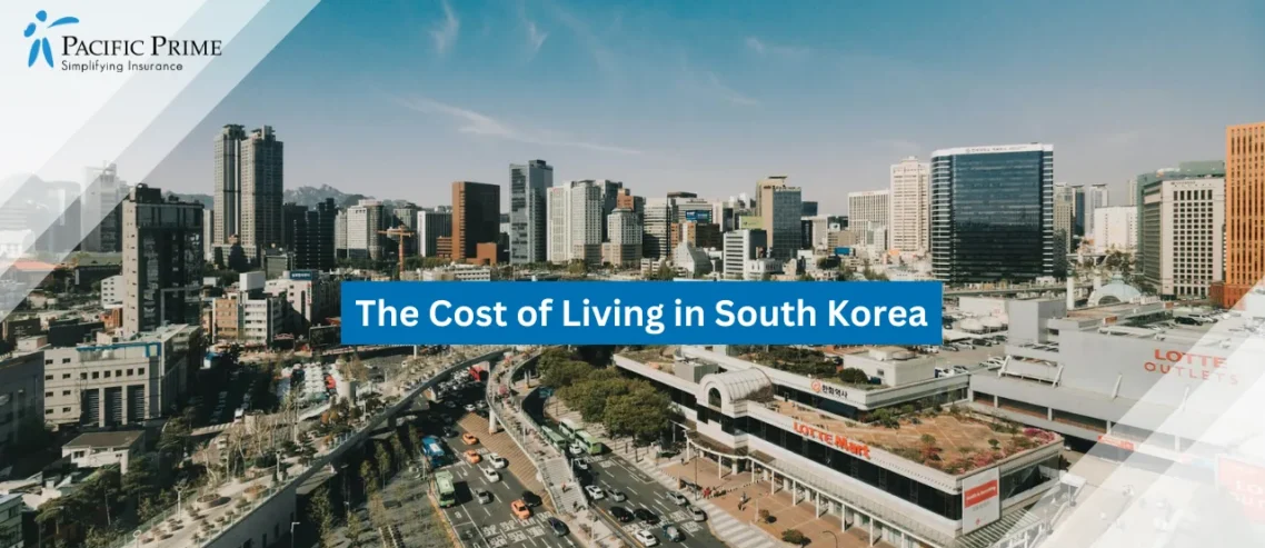 Image of High-rise City Buildings Under Clear Sky In South Korea with text overlay of "The Cost of Living in South Korea"
